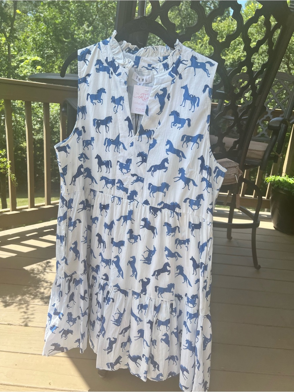 THML White Sleeveless Dress with Blue Horse Print with side pockets